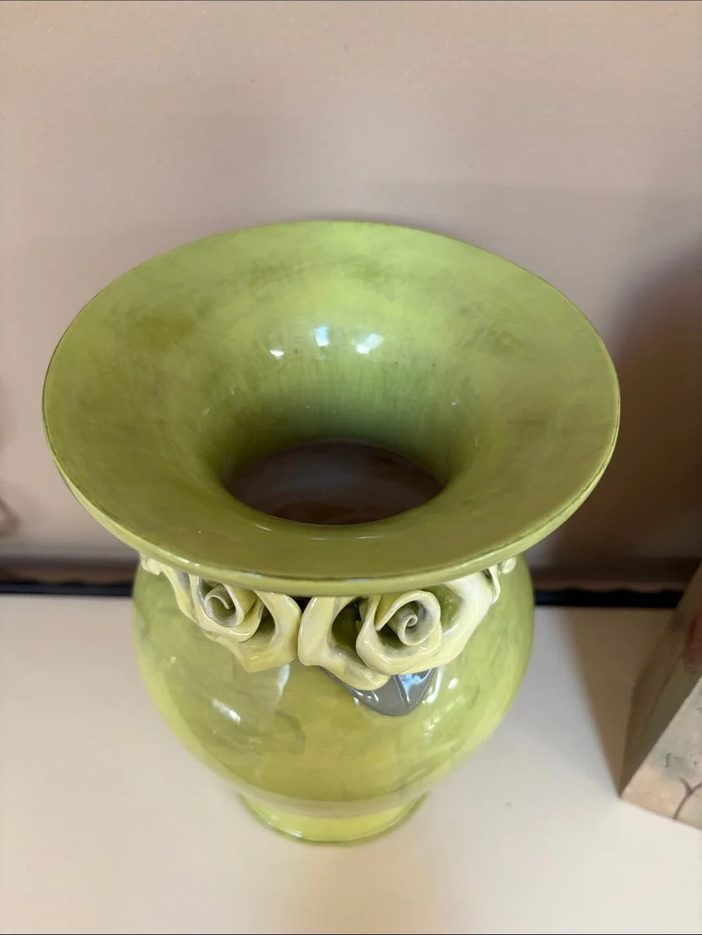 Vintage Glossy Lime Green Ceramic Rose Garland Vase